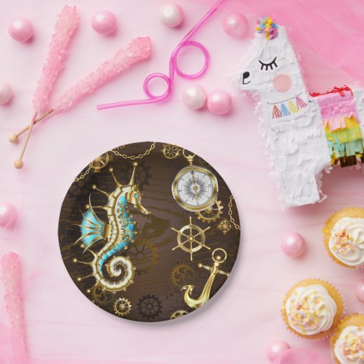 Holzboden mit mechanischem Seepferd Pappteller (Party)