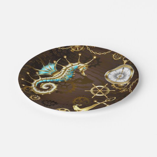 Holzboden mit mechanischem Seepferd Pappteller (Schrägansicht)