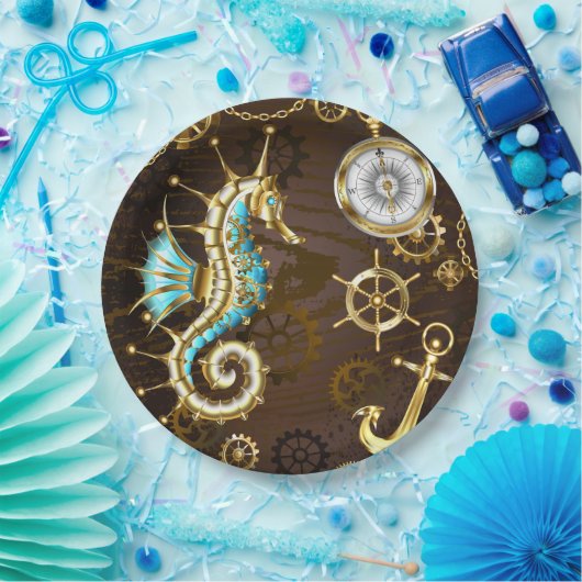 Holzboden mit mechanischem Seepferd Pappteller (Party)