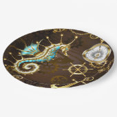 Holzboden mit mechanischem Seepferd Pappteller (Schrägansicht)