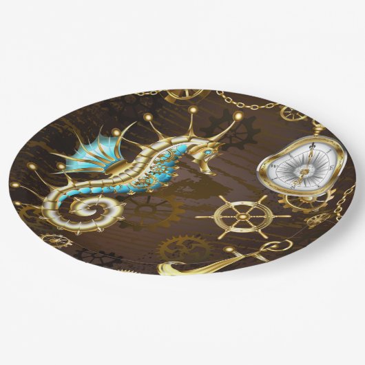 Holzboden mit mechanischem Seepferd Pappteller (Schrägansicht)