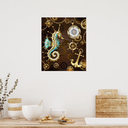 Holzboden mit mechanischem Seepferd Poster (Küche)