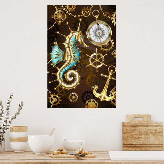 Holzboden mit mechanischem Seepferd Poster (Küche)