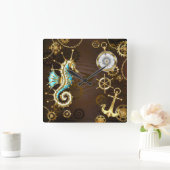 Holzboden mit mechanischem Seepferd Quadratische Wanduhr (Zuhause)