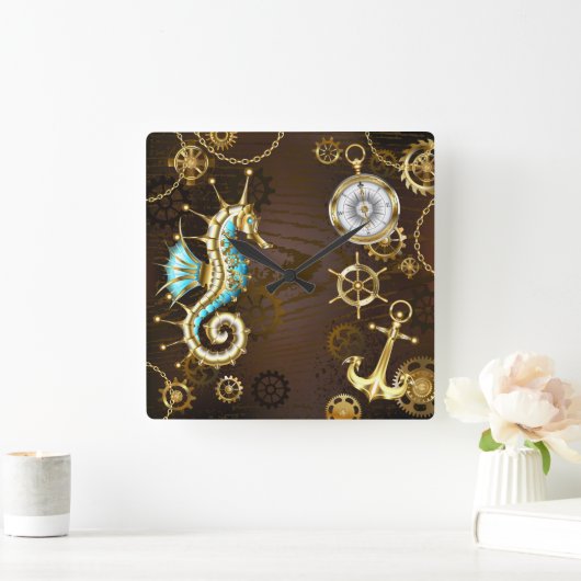 Holzboden mit mechanischem Seepferd Quadratische Wanduhr (Zuhause)
