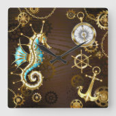 Holzboden mit mechanischem Seepferd Quadratische Wanduhr (Vorderseite)
