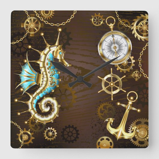 Holzboden mit mechanischem Seepferd Quadratische Wanduhr (Vorderseite)