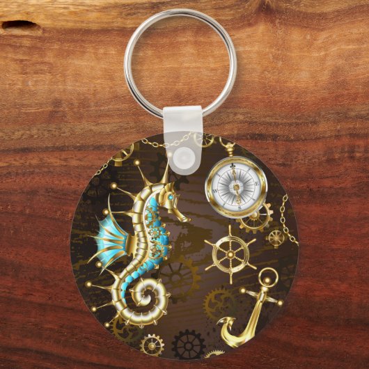 Holzboden mit mechanischem Seepferd Schlüsselanhänger (Vorderseite)