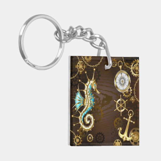 Holzboden mit mechanischem Seepferd Schlüsselanhänger (Vorderseite links)