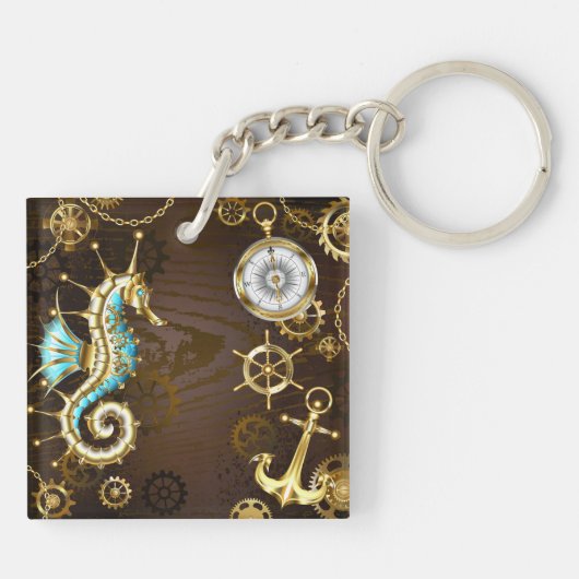 Holzboden mit mechanischem Seepferd Schlüsselanhänger (Rückseite)