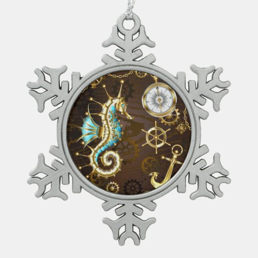 Holzboden mit mechanischem Seepferd Schneeflocken Zinn-Ornament (Vorderseite)