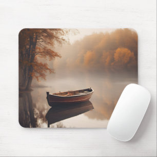 Holzboot auf Herbstsee Mousepad