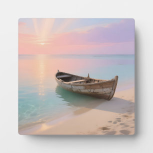 Holzboot Tropischer Sonnenuntergang Strand Fotoplatte