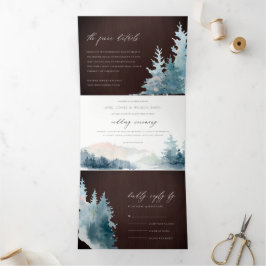 HOLZBROWN BLAUE BERGE PINE WATERCOLOR WEDD DREIFACH GEFALTETE EINLADUNG