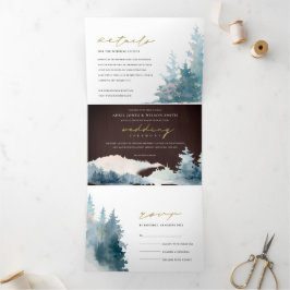 HOLZBROWN BLAUE BERGE PINE WATERCOLOR WEDD DREIFACH GEFALTETE EINLADUNG
