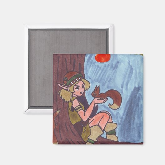 Holzelf mit Eichhörnchen Magnet (Vorderseite/Rückseite)