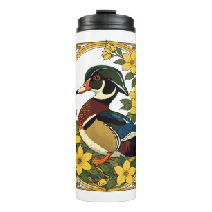Holzente Aix sponsa und Jasminblüten Illustration Thermosbecher