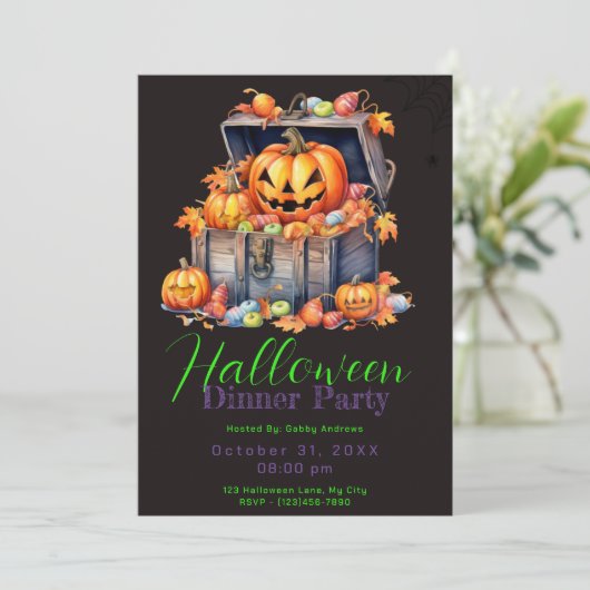 Hölzerkasten mit kandy Black Halloween Abendessen Einladung (Stehend Vorderseite)