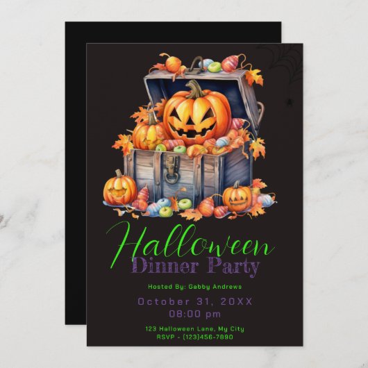 Hölzerkasten mit kandy Black Halloween Abendessen Einladung (Vorne/Hinten)