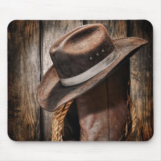 hölzerne Cowboystiefel der Westernlandbraunscheune Mousepad (Vorne)