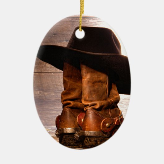 hölzerne Cowboystiefel der Westernlandhutscheune Keramik Ornament (Vorne)