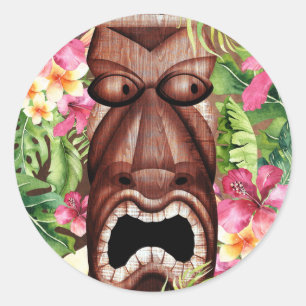 Hölzerne hawaiianische Tiki-Luau-Sommerpartygesche Runder Aufkleber