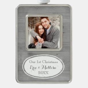Hölzerne rustikale erste Weihnachtspaar-Verzierung Rahmen-Ornament Silber