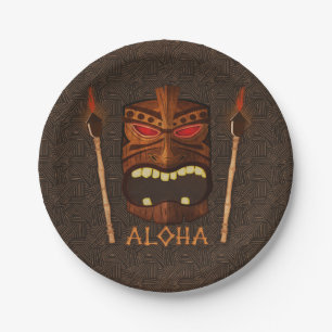 Hölzerne Tiki Masken-Vintages Retro ALOHA Pappteller