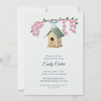 Hölzerne Vogelhaus und Blüten Baby Shower