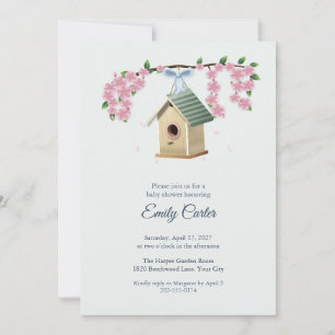 Hölzerne Vogelhaus und Blüten Baby Shower Einladung