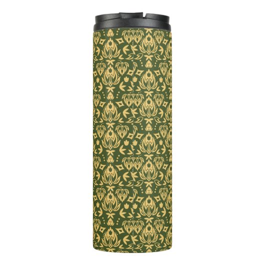 Hölzerner Blumendamastmusterhintergrund Thermosbecher (Rückseite)