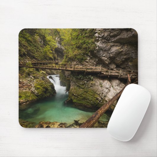 Hölzerner Gehweg durch Vintgar Schluchtschlucht Mousepad (Mit Mouse)