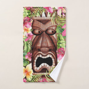 Hölzerner Hawaiianischer Tiki Luau Sommer Tropisch Badhandtuch Set