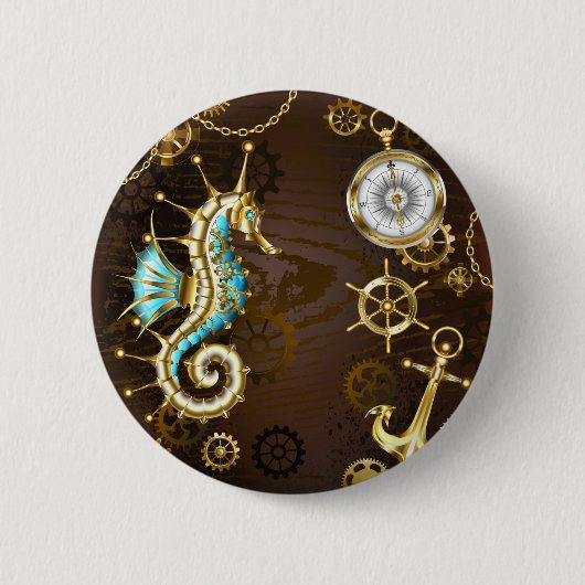 Hölzerner Hintergrund mit mechanischem Seepferd Button (Vorderseite)