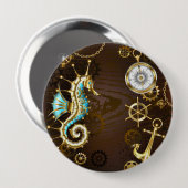 Hölzerner Hintergrund mit mechanischem Seepferd Button (Vorne & Hinten)