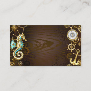 Hölzerner Hintergrund mit mechanischem Seepferd Empfehlungskarte