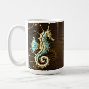 Hölzerner Hintergrund mit mechanischem Seepferd Kaffeetasse
