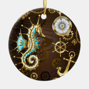 Hölzerner Hintergrund mit mechanischem Seepferd Keramik Ornament