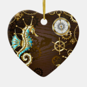 Hölzerner Hintergrund mit mechanischem Seepferd Keramik Ornament