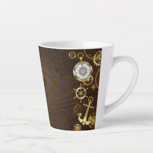Hölzerner Hintergrund mit mechanischem Seepferd Milchtasse
