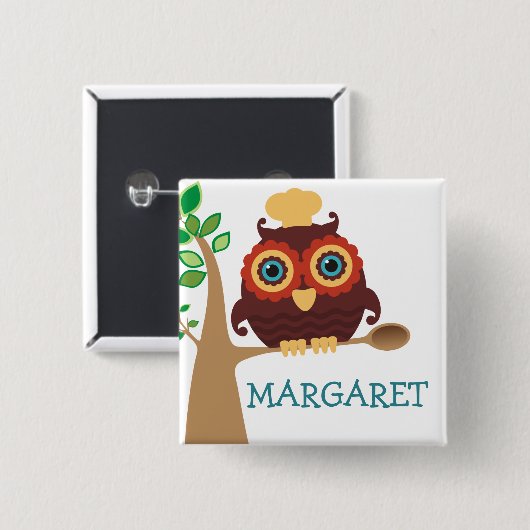 Hölzerner Löffel des Eulen-Koch, der Button (Vorne & Hinten)