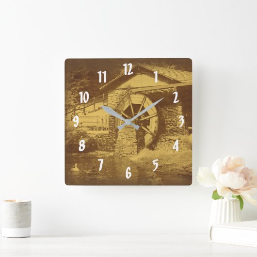 Hölzerner Wasser-Rad-und Enten-Teich im Sepia Quadratische Wanduhr (Zuhause)