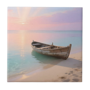 Hölzernes Boot Tropischer Sonnenuntergang Strand Fliese