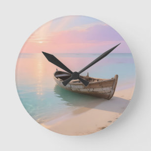 Hölzernes Boot Tropischer Sonnenuntergang Strand Runde Wanduhr