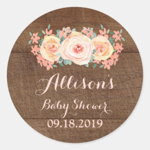 Hölzernes Pfirsich-Aquarell-BlumenBabyparty-Umbau Runder Aufkleber