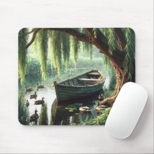 Hölzernes Ruderboot unter einer Weide Mousepad