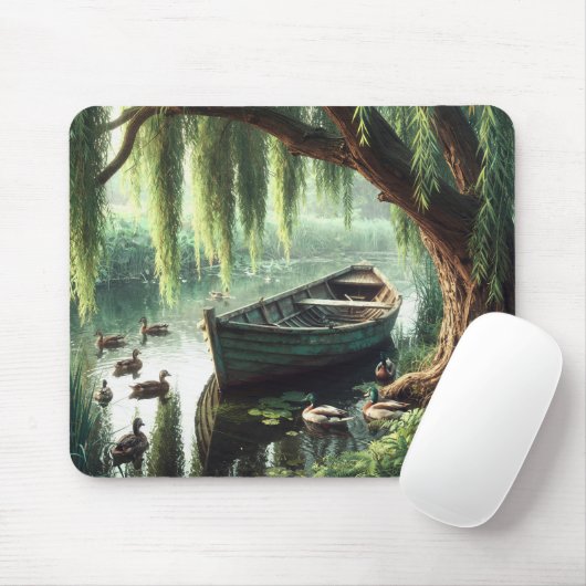 Hölzernes Ruderboot unter einer Weide Mousepad (Mit Mouse)