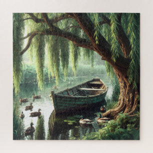 Hölzernes Ruderboot unter einer Weide Puzzle