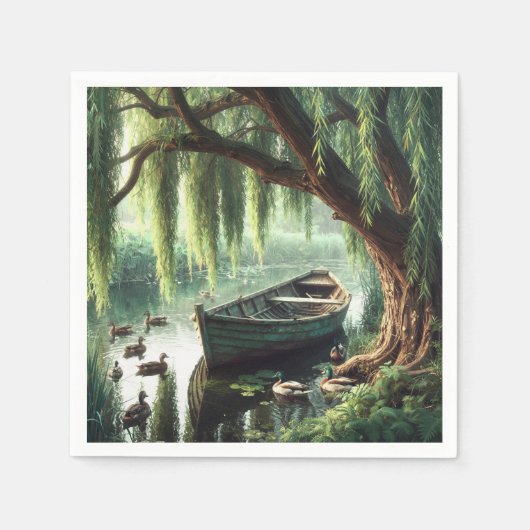 Hölzernes Ruderboot unter einer Weide Serviette (Vorderseite)