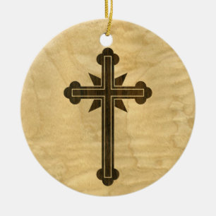 Hölzernes Santorini christliches Querrosenholz auf Keramik Ornament